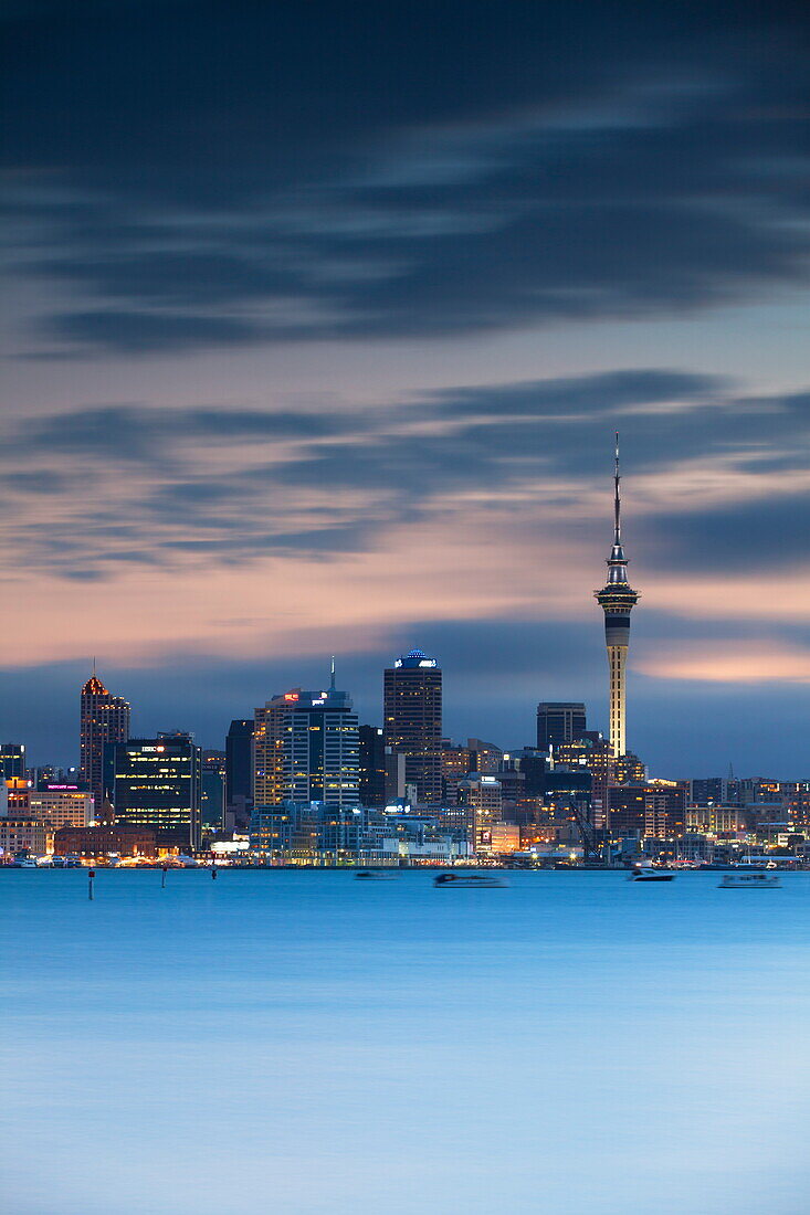 View of Auckland skyline at dusk, Auckland, North Island, New Zealand, Pacific