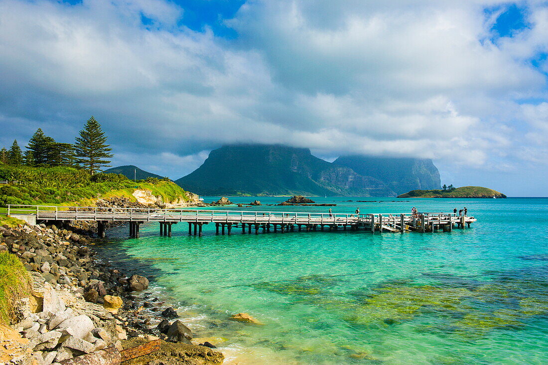 View of pier with Mount Lidgbird and Mount Gower in the background, Lord Howe Island, UNESCO World Heritage Site, Australia, Tasman Sea, Pacific