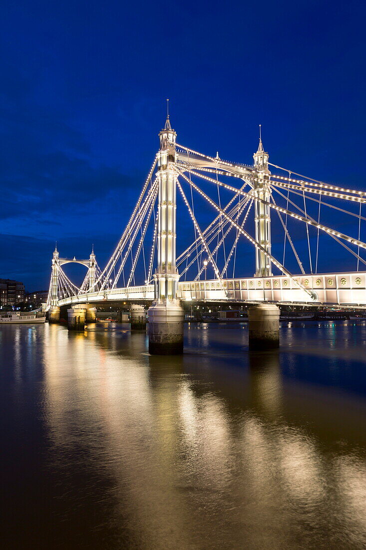 Albert Bridge and River Thames at night, Chelsea, London, England, United Kingdom, Europe