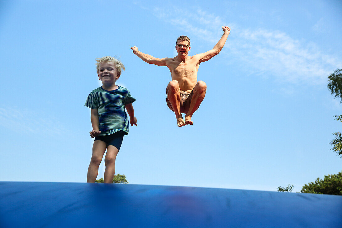 Father and son (4 years) jumping on a blue trampoline, Marielyst, Falster, Denmark
