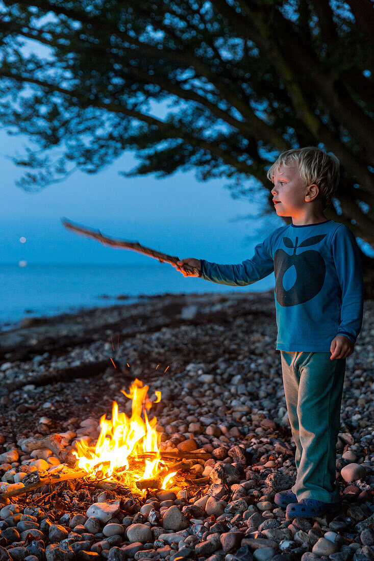 Junge am Lagerfeuer am Ostseestrand, Naesgaard, Falster, Dänemark