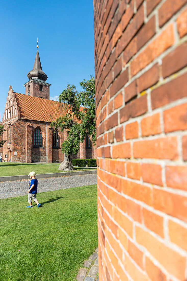 Boy passing a meadow, Klosterkirken in background, Nykobing Falster, Falster, Denmark