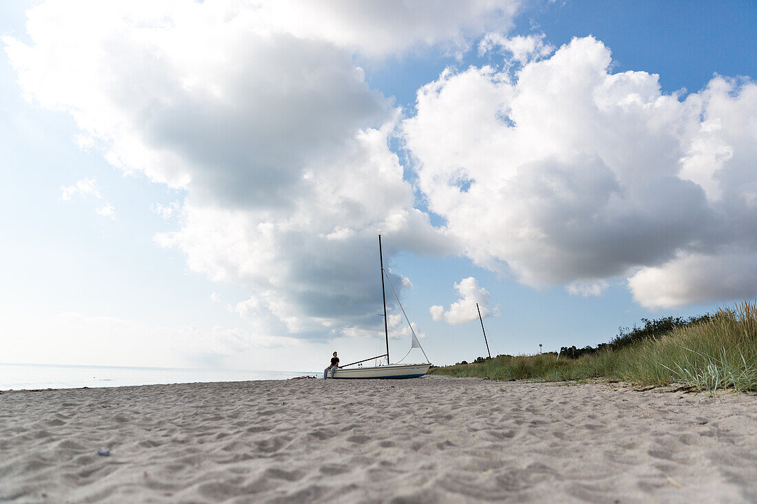 Sailboat at sandy beach, Marielyst, Falster, Denmark