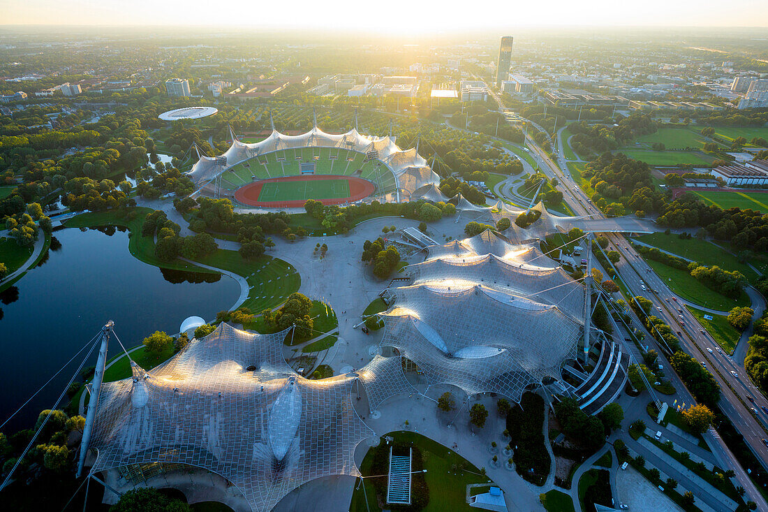 View from Olympic tower to west over the Olympic park, Munich, Upper Bavaria, Bavaria, Germany