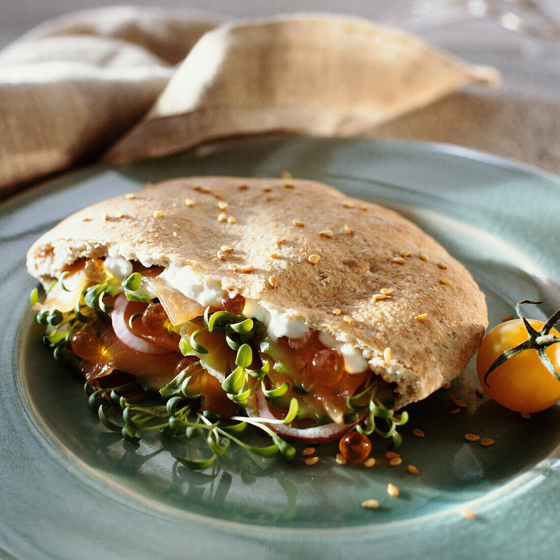 Smoked salmon, watercress and creme fraiche sandwich