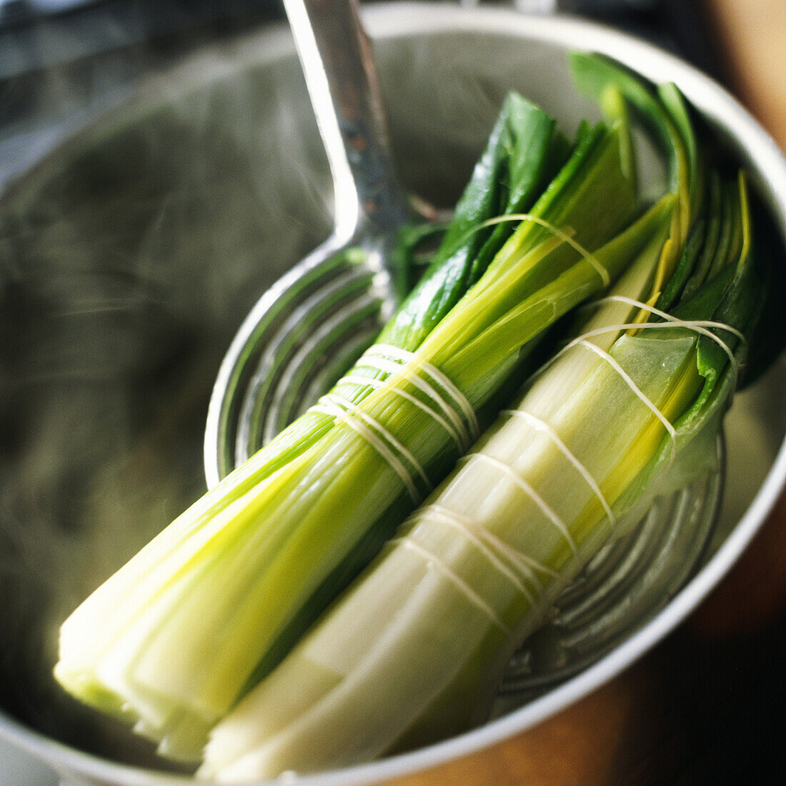 Close-up of tied leeks in pot