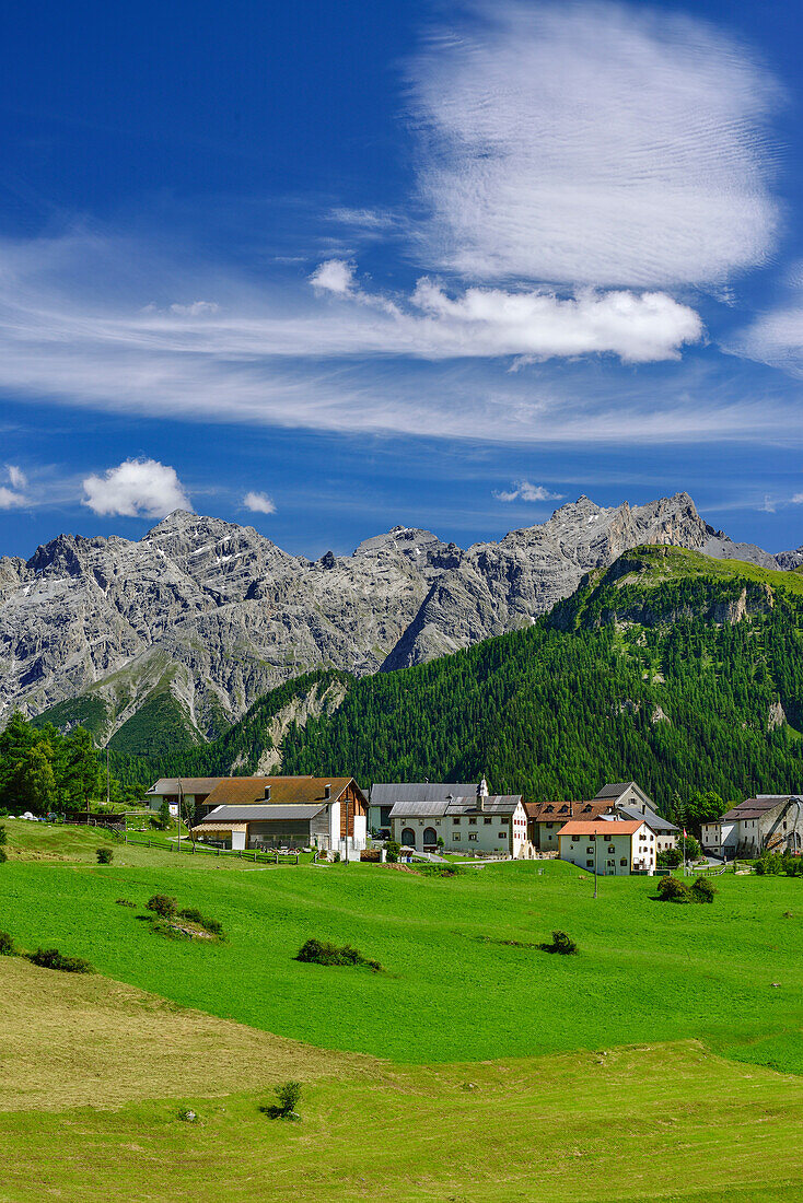Blick auf Bos-cha mit Sesvennagruppe, Unterengadin, Engadin, Kanton Graubünden, Schweiz