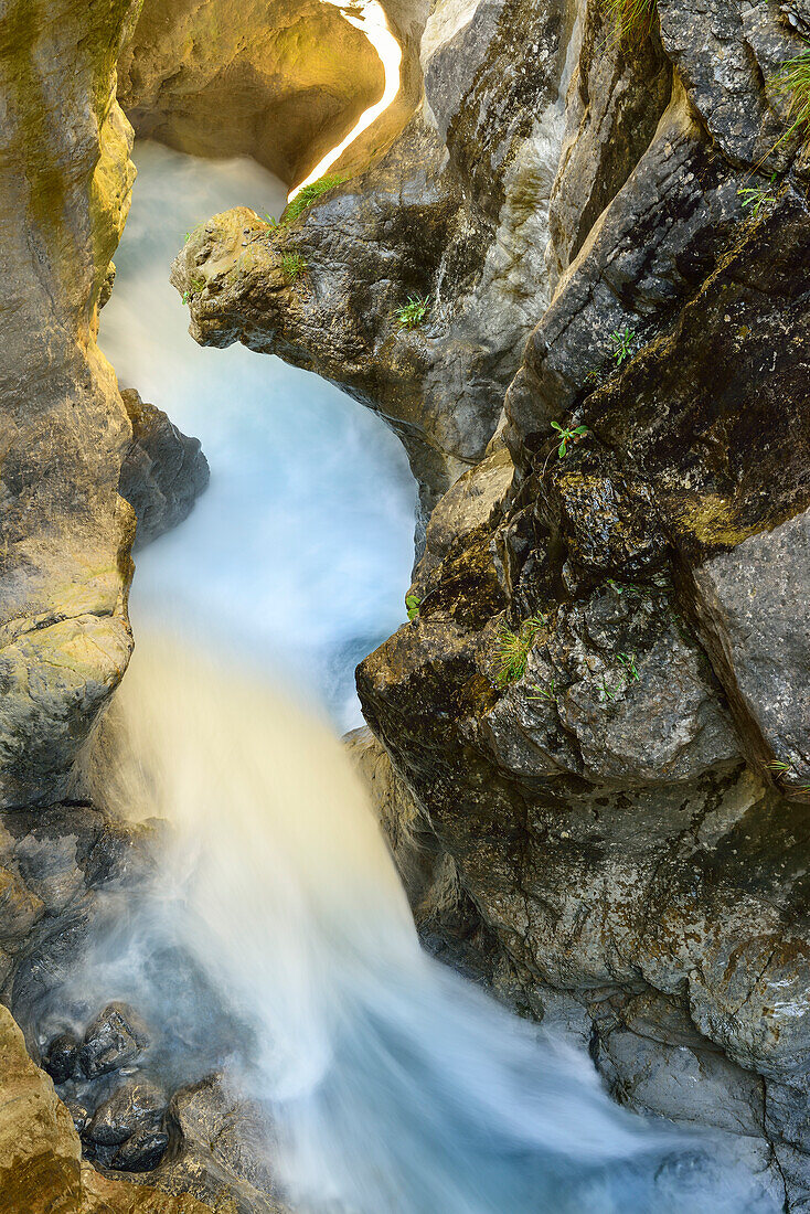 Water flowing through narrow canyon, Zammer Lochputz, Zams, Tyrol, Austria