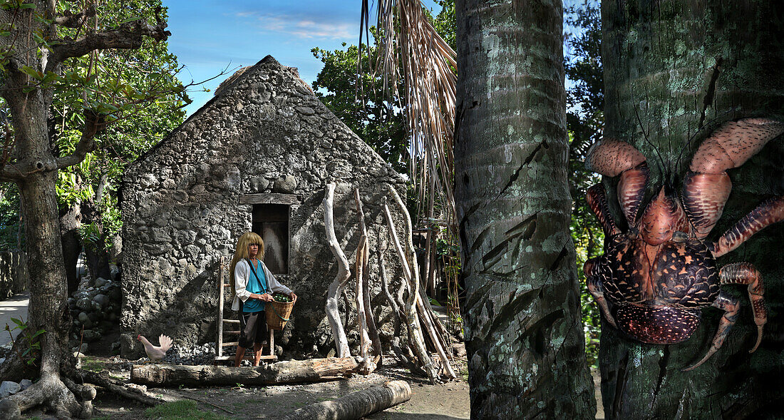 Ivatan woman near an old stone house, coconut crab in a palm tree, Sabtang Island, Batanes, Philippines, Asia