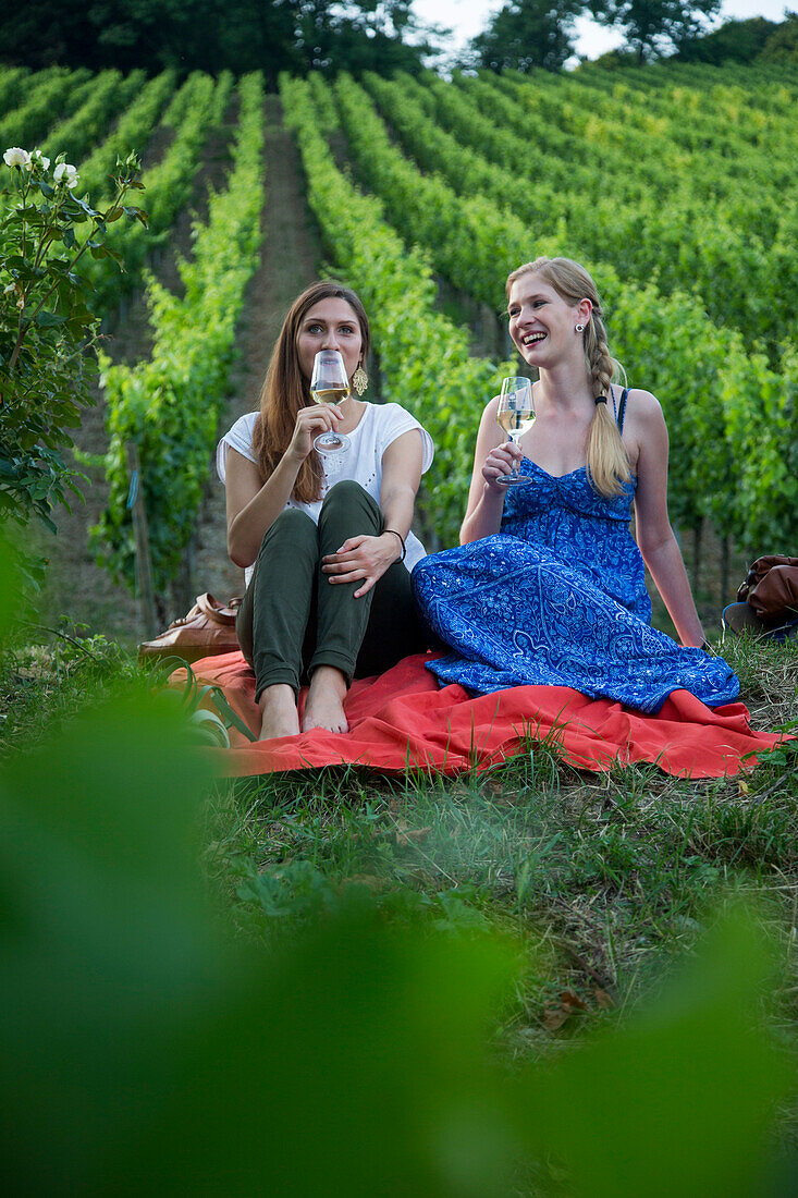 Weinfest an einem lauen Sommerabend: Zwei hübsche junge Frauen mit Weingläsern sitzen auf einer Decke inmitten von Weinreben an einem Weinberg oberhalb von Weingut am Stein, Würzburg, Franken, Bayern, Deutschland (MR)