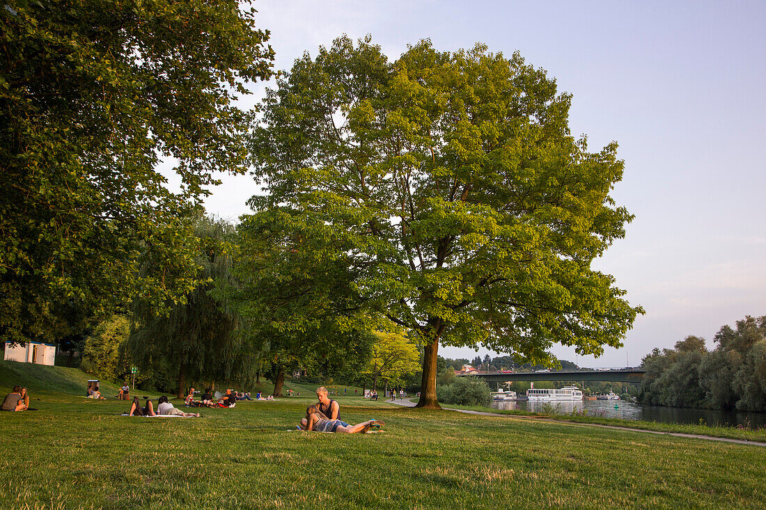 People relaxing in parkland near the Main river promenade, Aschaffenburg, Franconia, Bavaria, Germany