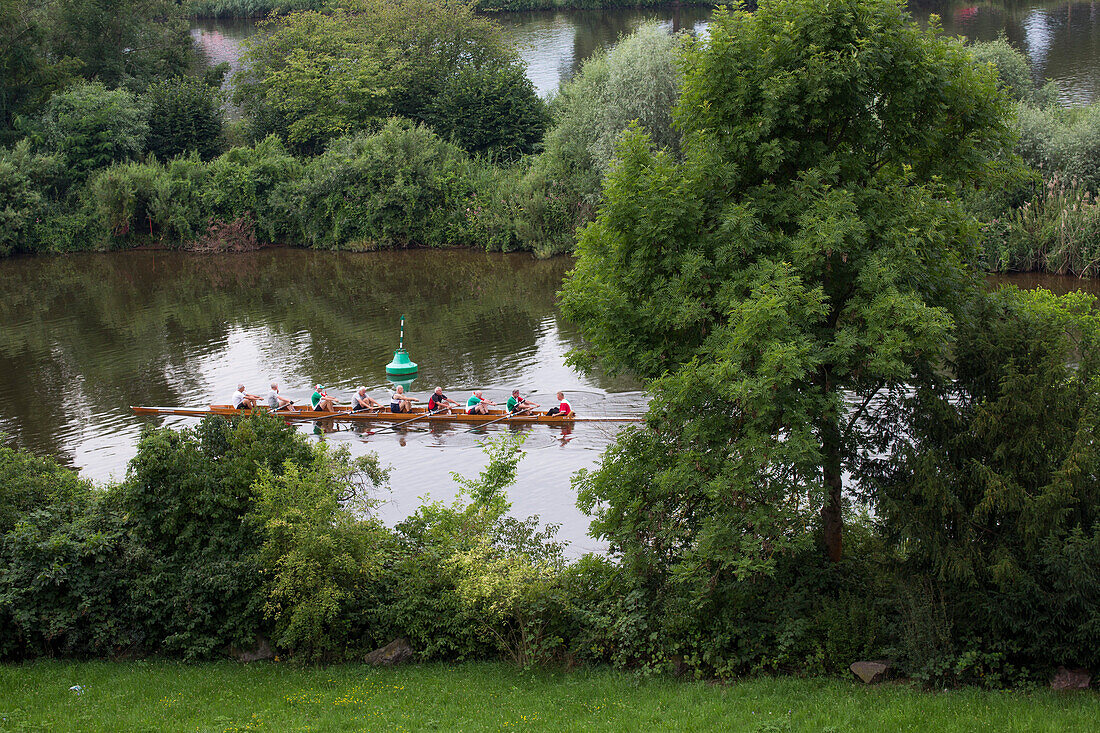 Rowing boat on the Main river, Aschaffenburg, Franconia, Bavaria, Germany