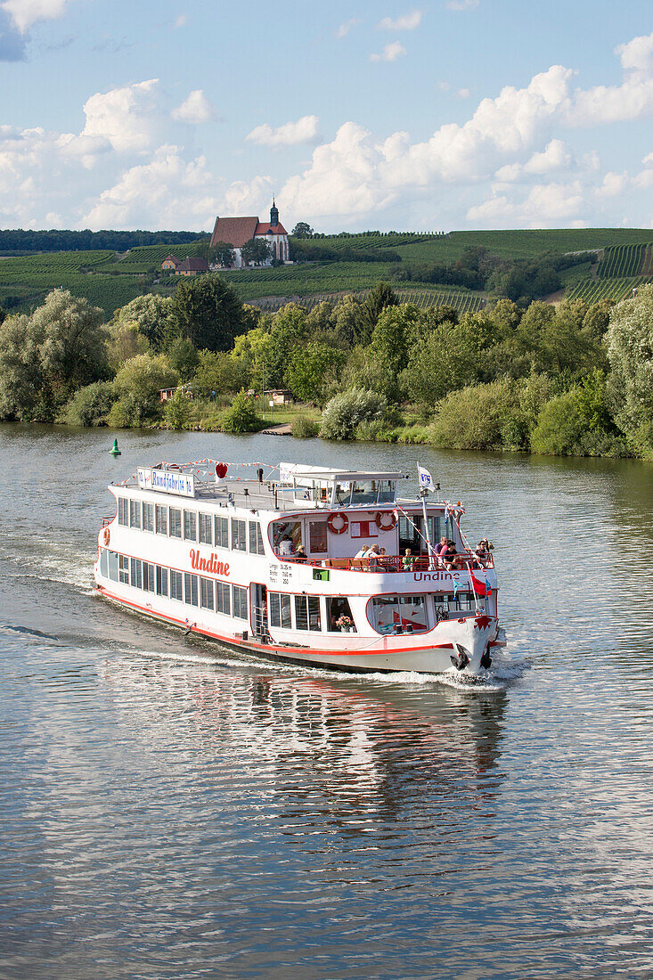 Ausflugsschiff Undine auf Fluss Main vor Wallfahrtskirche Maria im Weingarten, Volkach, Franken, Bayern, Deutschland