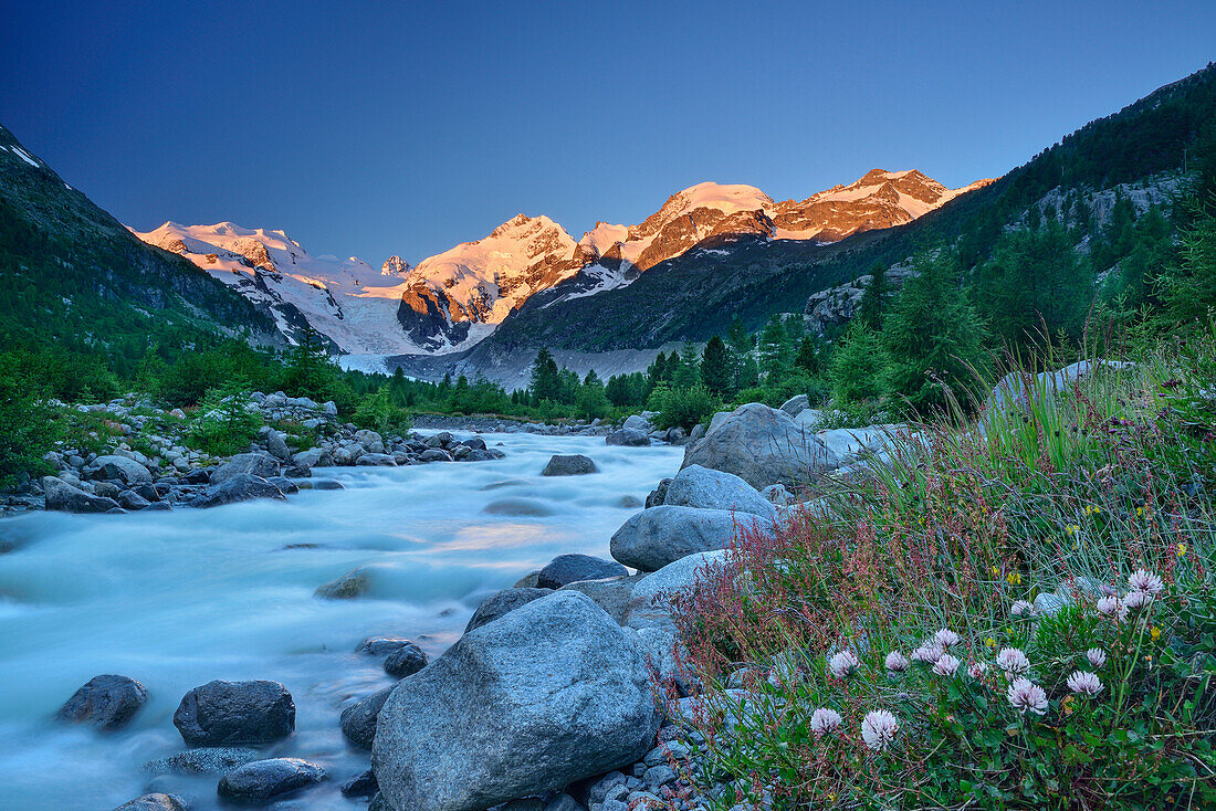 Stream in the mountains with view to Bernina range, valley of Morteratsch, Morteratsch, Bernina, Upper Engadin, Engadin, Grisons, Switzerland