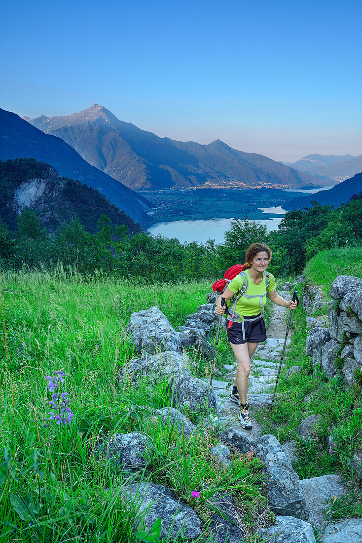 Frau wandert auf Steinplattenweg durch Wiese, Lago di Mezzola im Hintergrund, Val Codera, Sentiero Roma, Bergell, Lombardei, Italien
