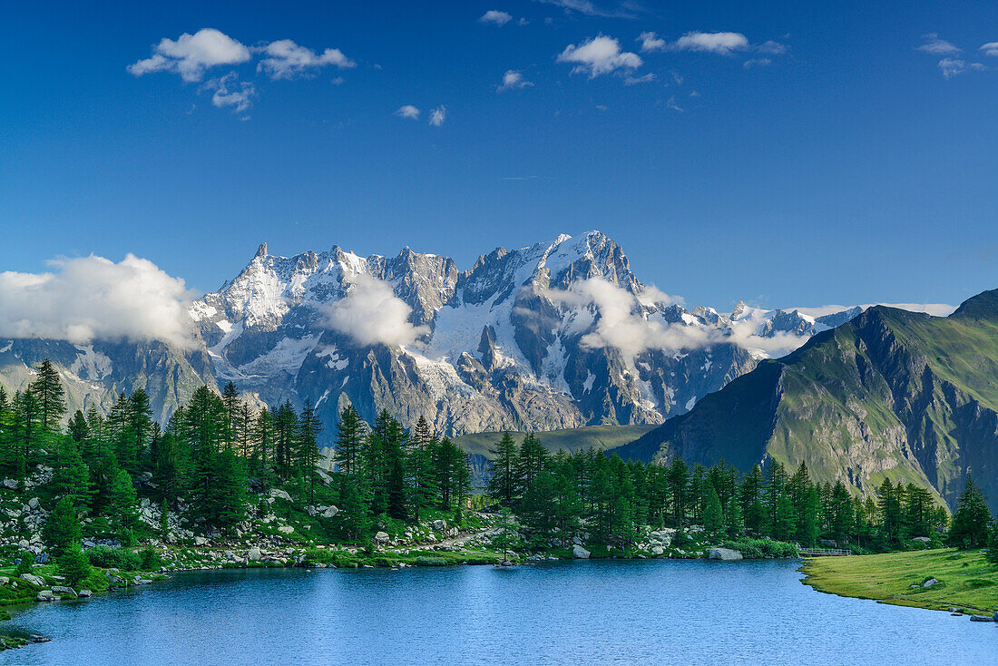 Blick vom Lac d'Arpy auf Montblanc-Gruppe mit Dent du Geant und Grandes Jorasses, Lac d'Arpy, Grajische Alpen, Aostatal, Aosta, Italien
