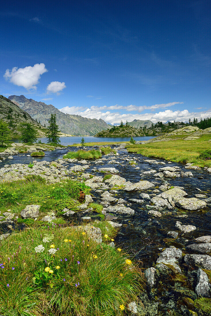 Lake Lago Bianco at hut Rifugio Barbustel, Natural Park Mont Avic, Graian Alps range, valley of Aosta, Aosta, Italy