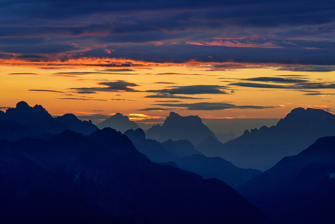 Clouds over Marmolada, Antelao, Pelmo and Civetta, Rifugio Torre di Pisa, Latemar range, Dolomites, UNESCO world heritage Dolomites, Trentino, Italy