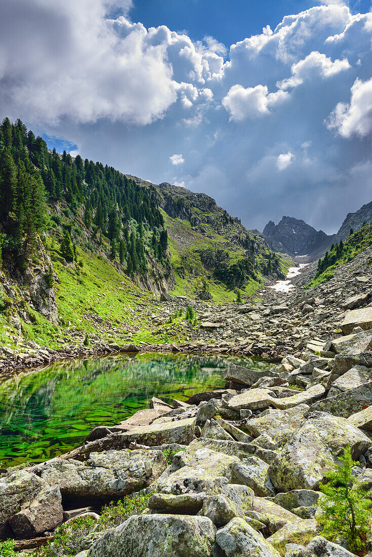 Blue-green mountain lake, lake Lago Caserina, Lagorai range, Dolomites, UNESCO world heritage Dolomites, Trentino, Italy