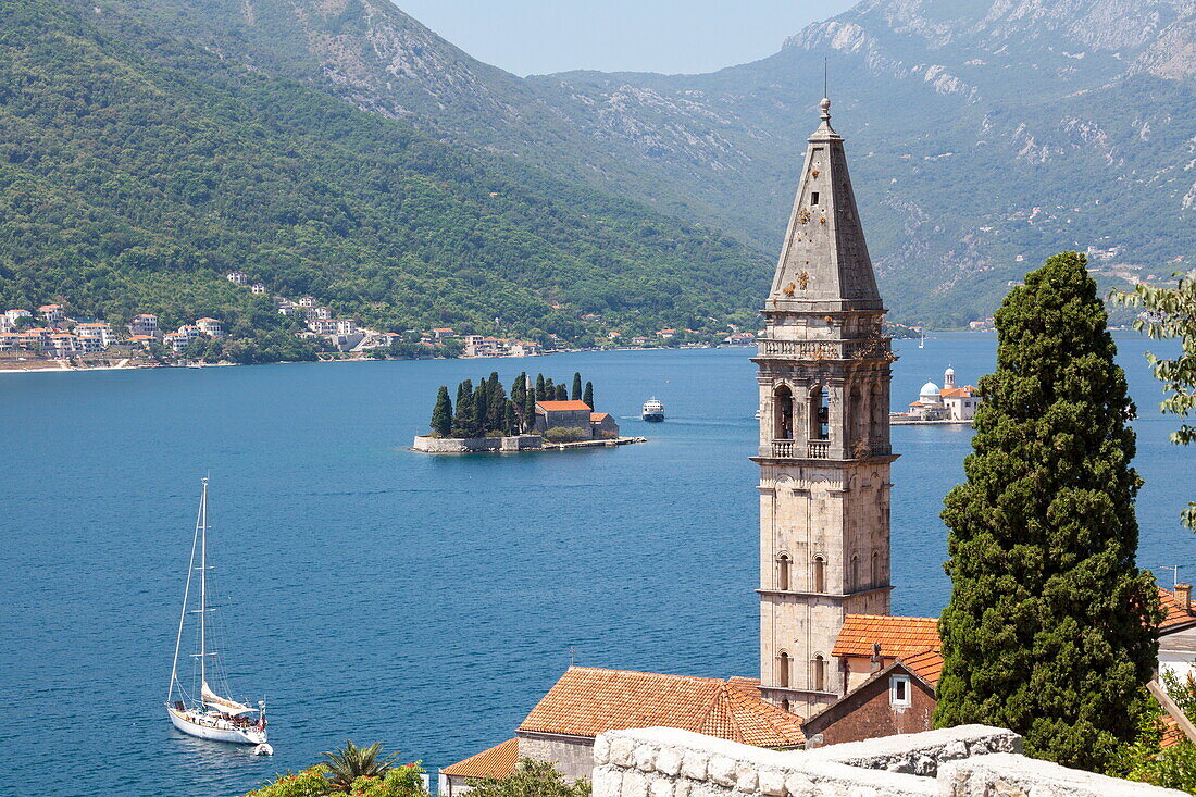 St. Nicholas Church and St. George's Island in the background, Perast, Bay of Kotor, UNESCO World Heritage Site, Montenegro, Europe