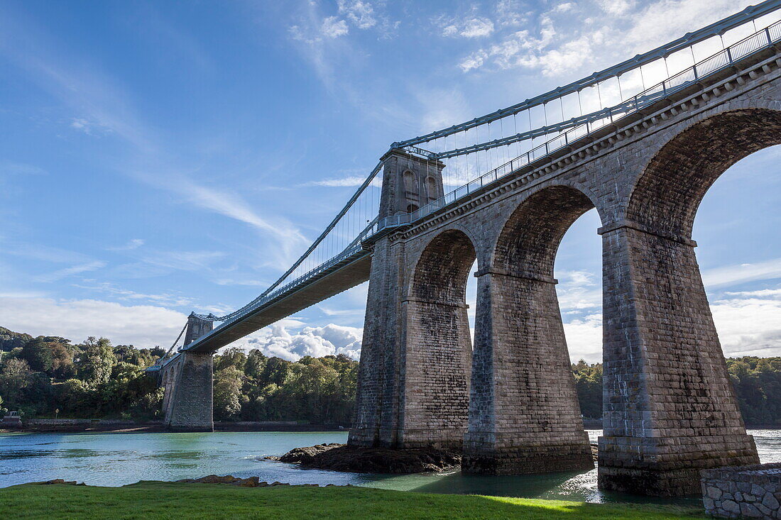 Menai Bridge spanning the Menai Strait, Anglesey, Wales, United Kingdom, Europe