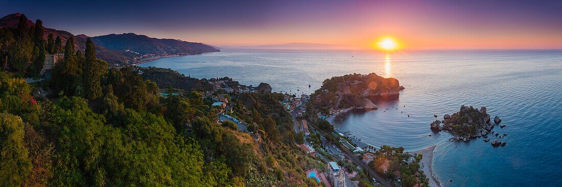 The Sicilian coast at sunrise, showing Isola Bella Beach, Taormina, Sicily, Italy, Mediterranean, Europe