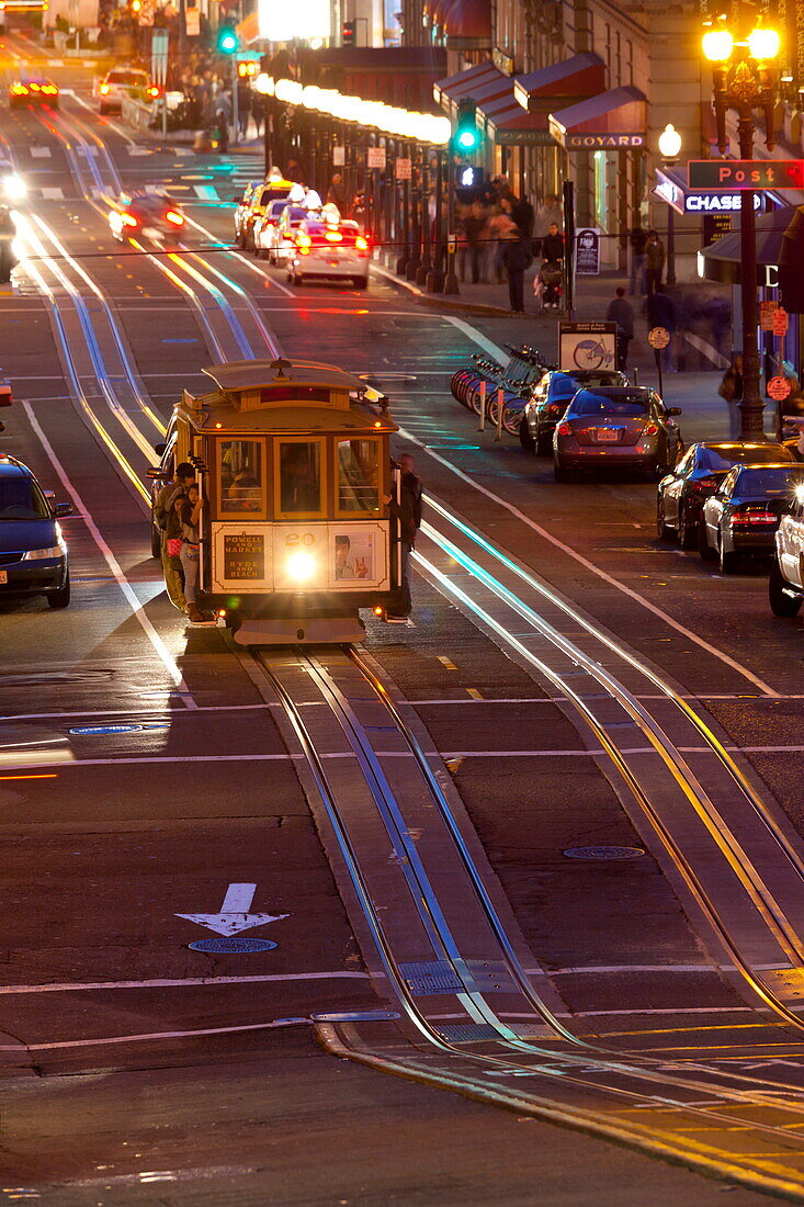 Street scene at night with historic San Francisco street car, San Francisco, California, United States of America, North America