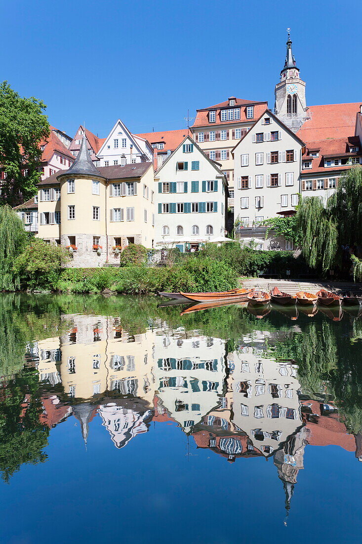 Old town with Holderlinturm tower and Stiftskirche Church reflecting in the Neckar River, Tubingen, Baden Wurttemberg, Germany, Europe