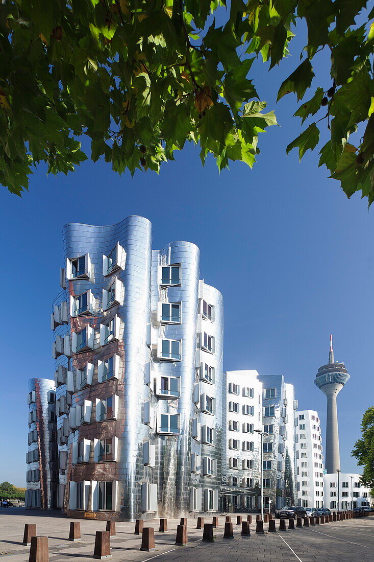 Neuer Zollhof, designed by Frank Gehry, and Rheinturm tower, Media Harbour (Medienhafen), Dusseldorf, North Rhine Westphalia, Germany, Europe