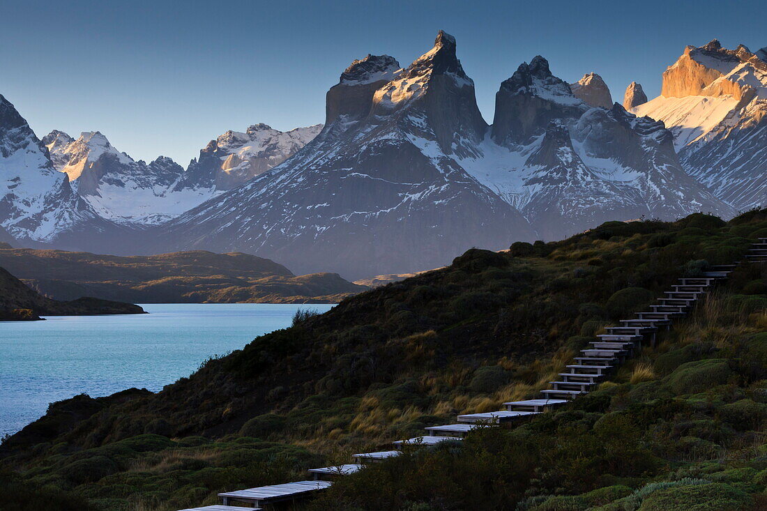 Steps, Torres del Paine at sunset, Torres del Paine National Park, Patagonia, Chile, South America