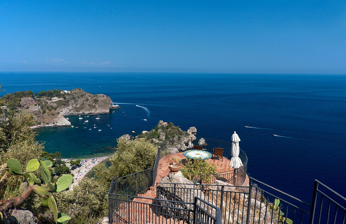 A terrace looking out over Isola Bella, Taormina, Sicily, Italy, Mediterranean, Europe