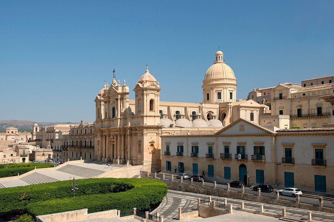 An aerial view of the Baroque style city of Noto including the Duomo, UNESCO World Heritage Site, Province of Syracuse, Sicily, Italy, Europe