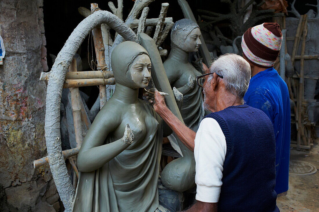 India, West Bengal, Kolkata, Calcutta, Kumartulli district, clay idols of Hindu gods and goddesses, statue