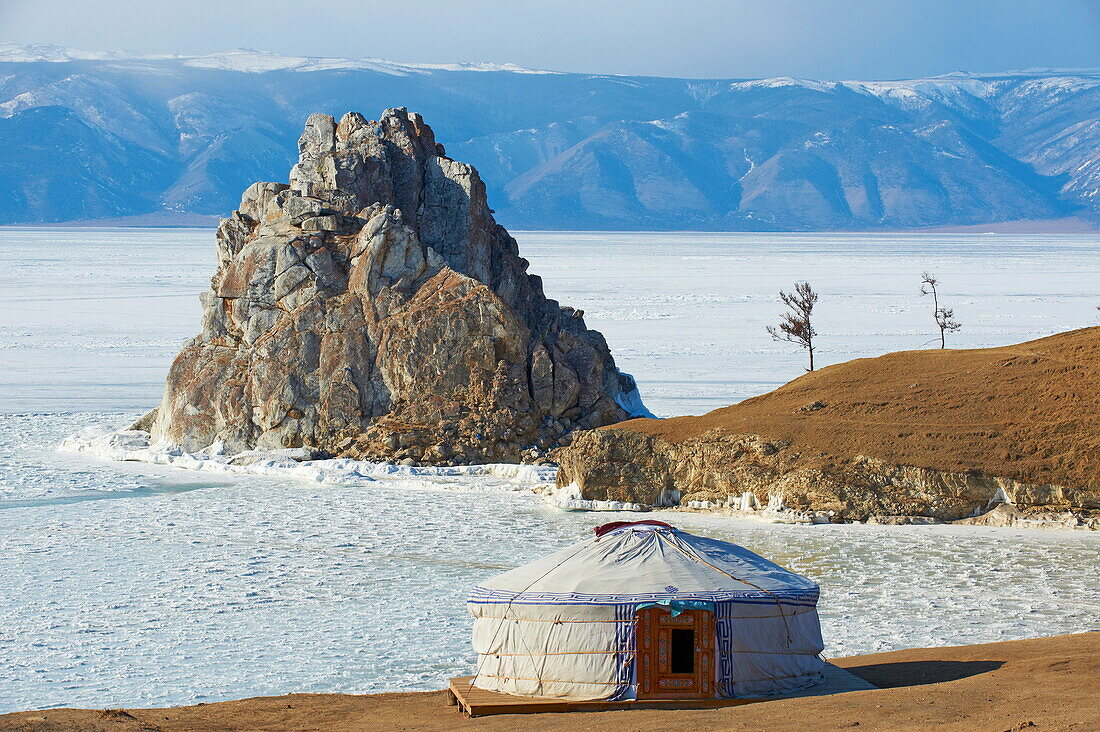 Shaman rock, Maloe More (Little Sea), frozen lake during winter, Olkhon island, Lake Baikal, UNESCO World Heritage Site, Irkutsk Oblast, Siberia, Russia, Eurasia