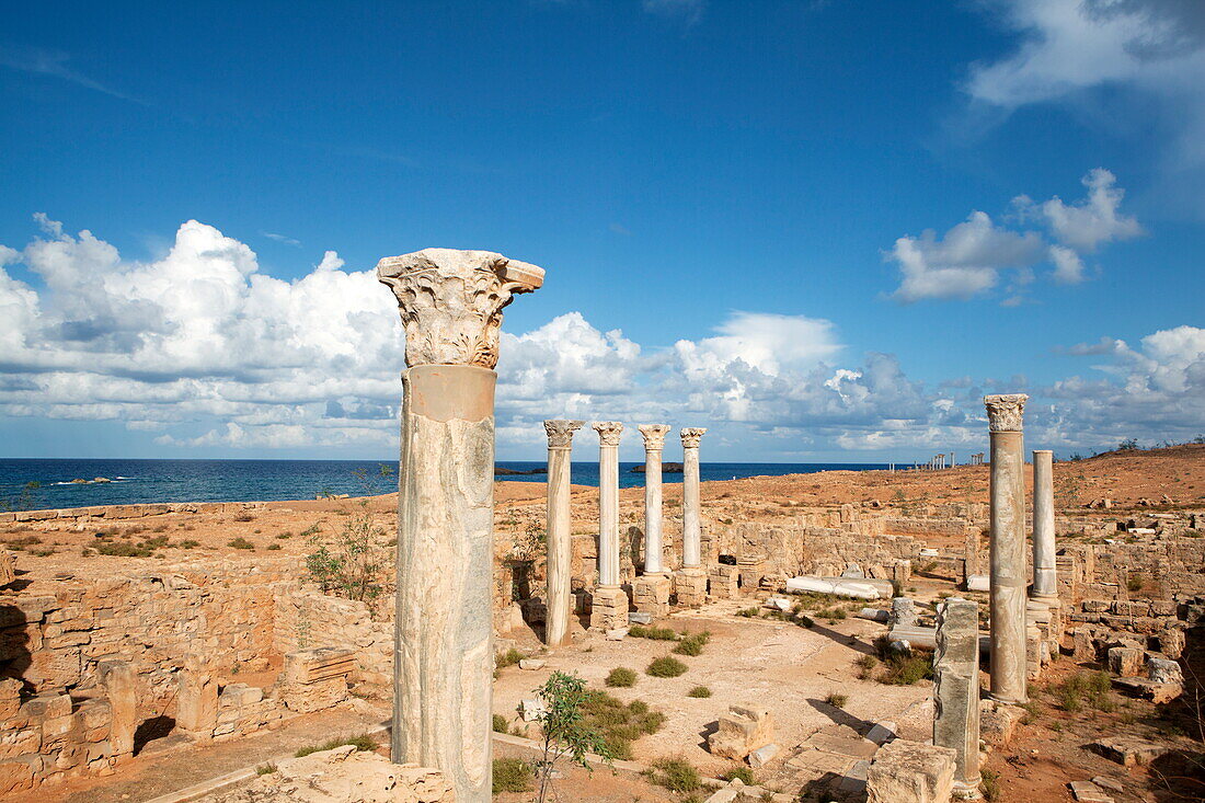 View from the central basilica, Apollonia, Libya, North Africa, Africa