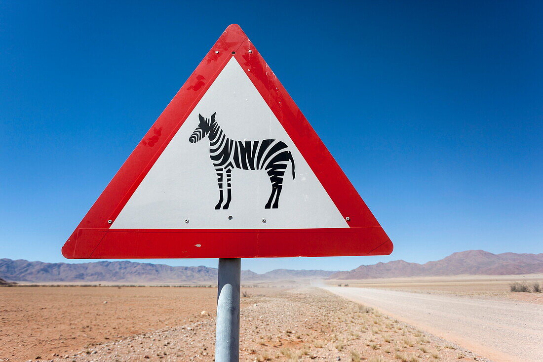 Zebra crossing animal warning sign, Namib Desert, Namibia, Africa