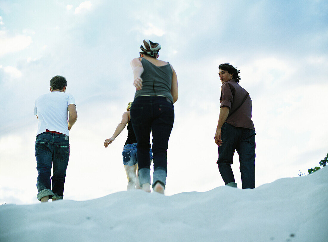Four people walking on sand, rear view