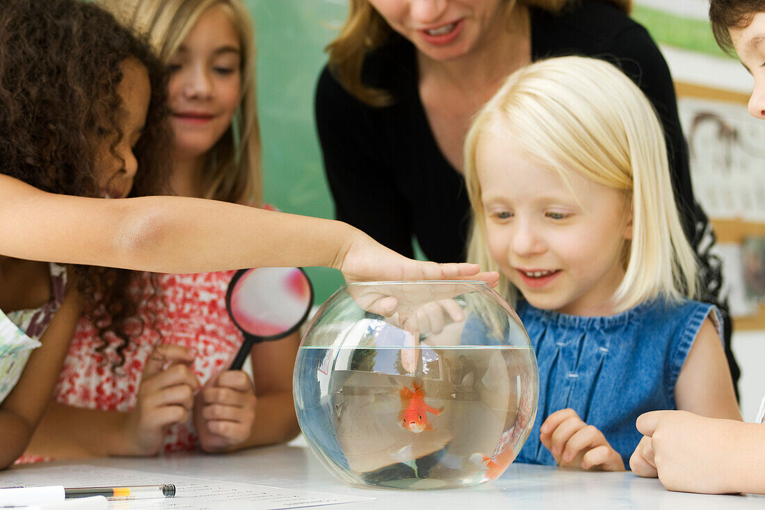 Elementary teacher and students gathered around goldfish bowl, one girl sticking finger in water