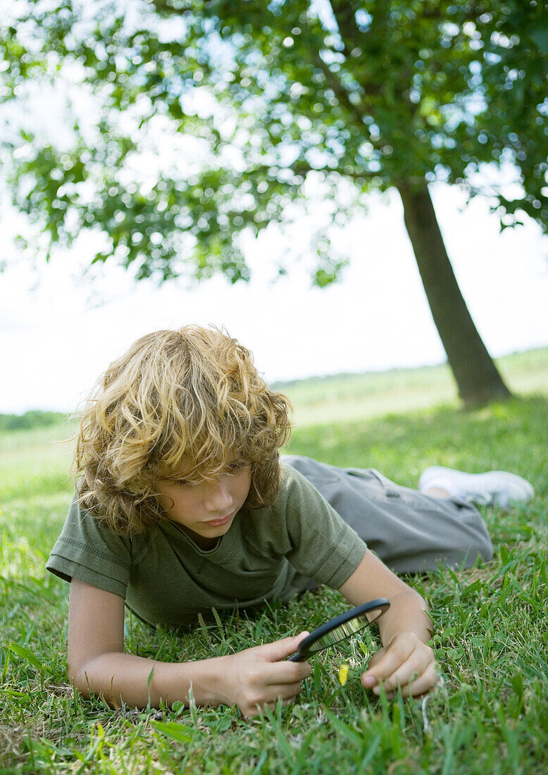 Boy lying in grass, looking through magnifying glass at flower