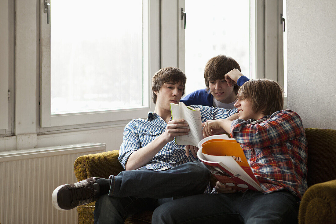 Three friends studying together in a living room