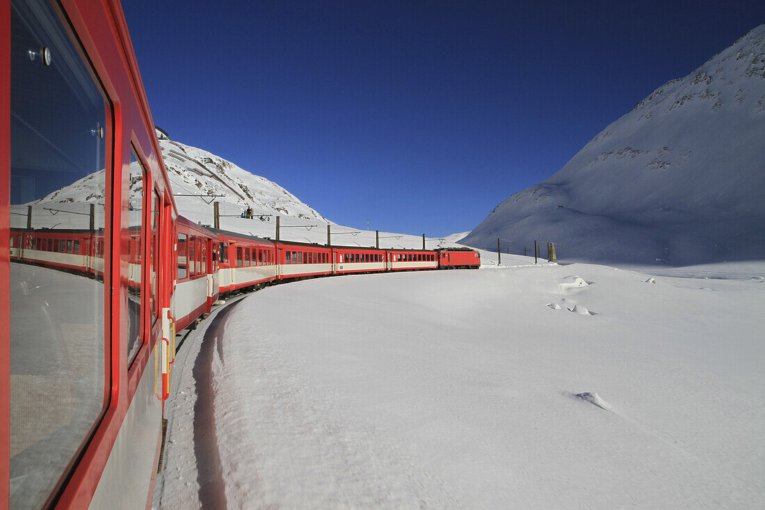 A train traveling through Oberalp Pass, Andermatt, Uri Canton, Switzerland
