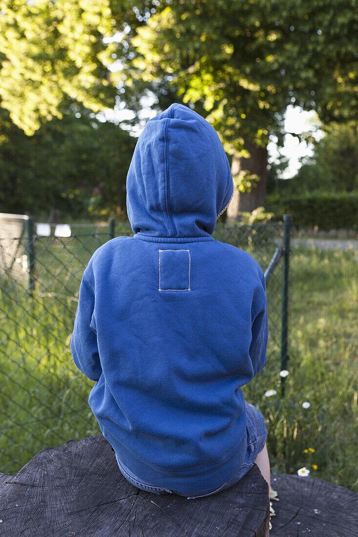 Rear view of a boy sitting on a tree stump