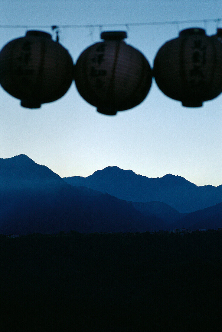 Chinese lanterns, Alishan range in background, Taiwan