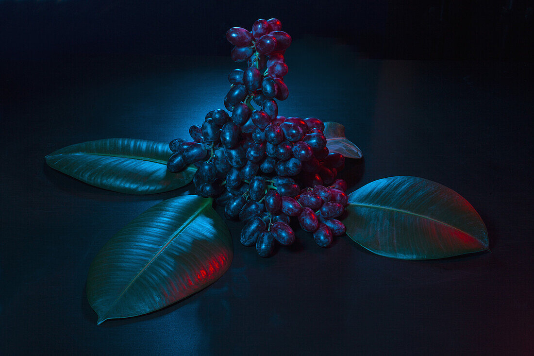 Red grapes over black background