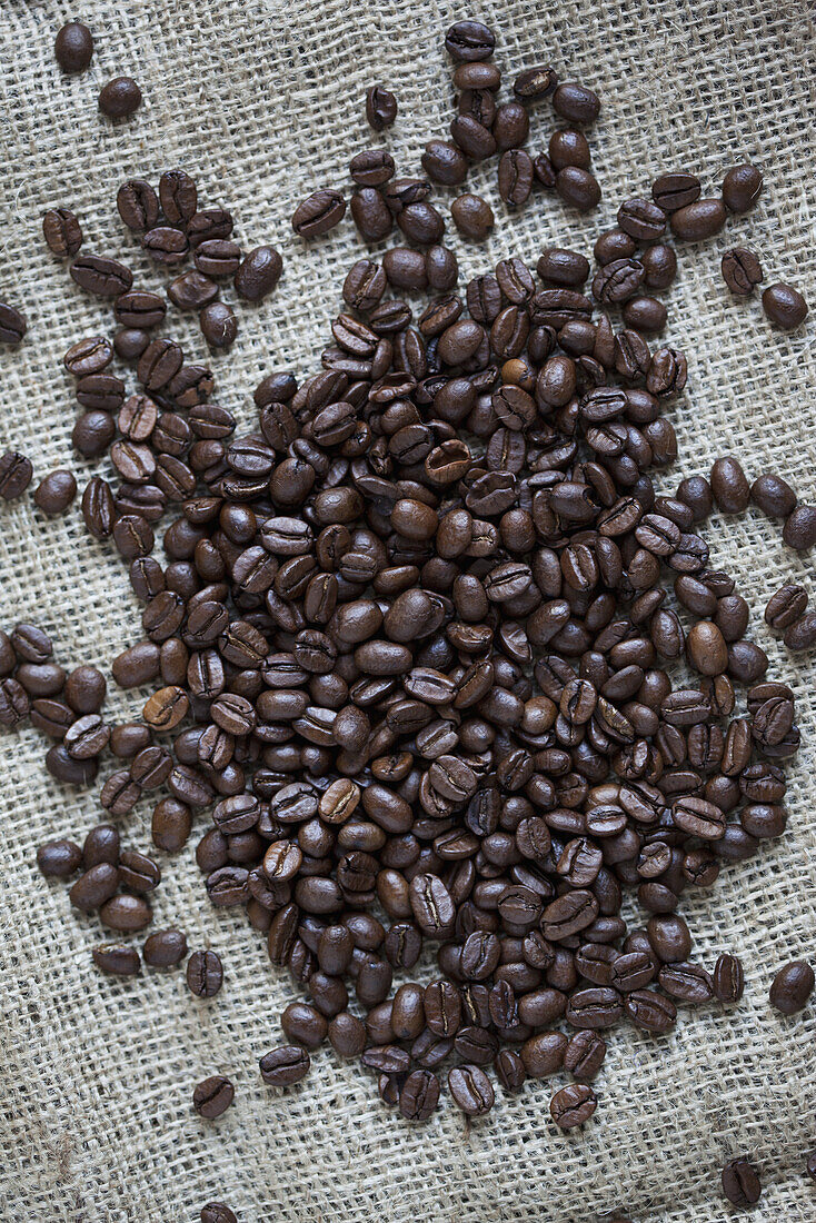 Close-up of coffee beans on sack