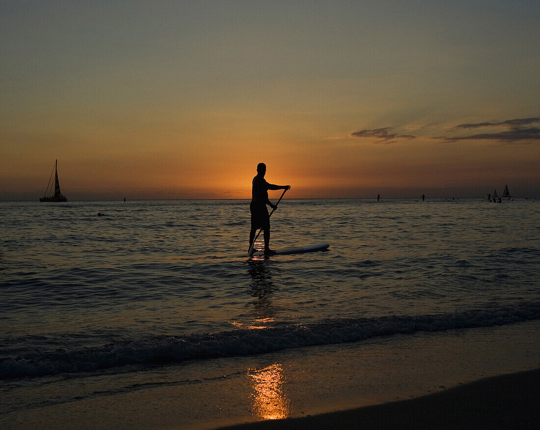 Silhouetted man on stand up paddle board during sunset