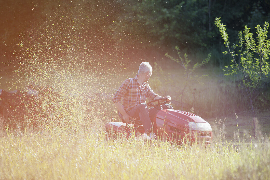 Mature man driving lawn mower in garden