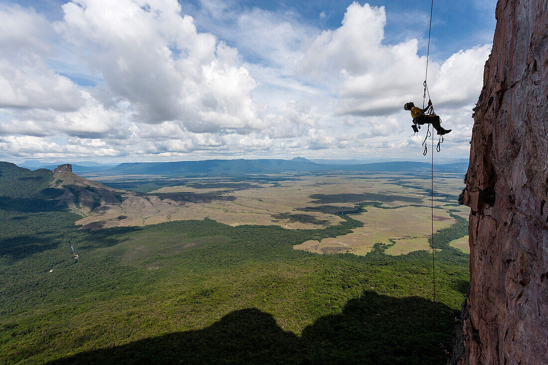 Climber ascending on a fixed rope, Acopan Tepui, Macizo de Chimanta, Venezuela