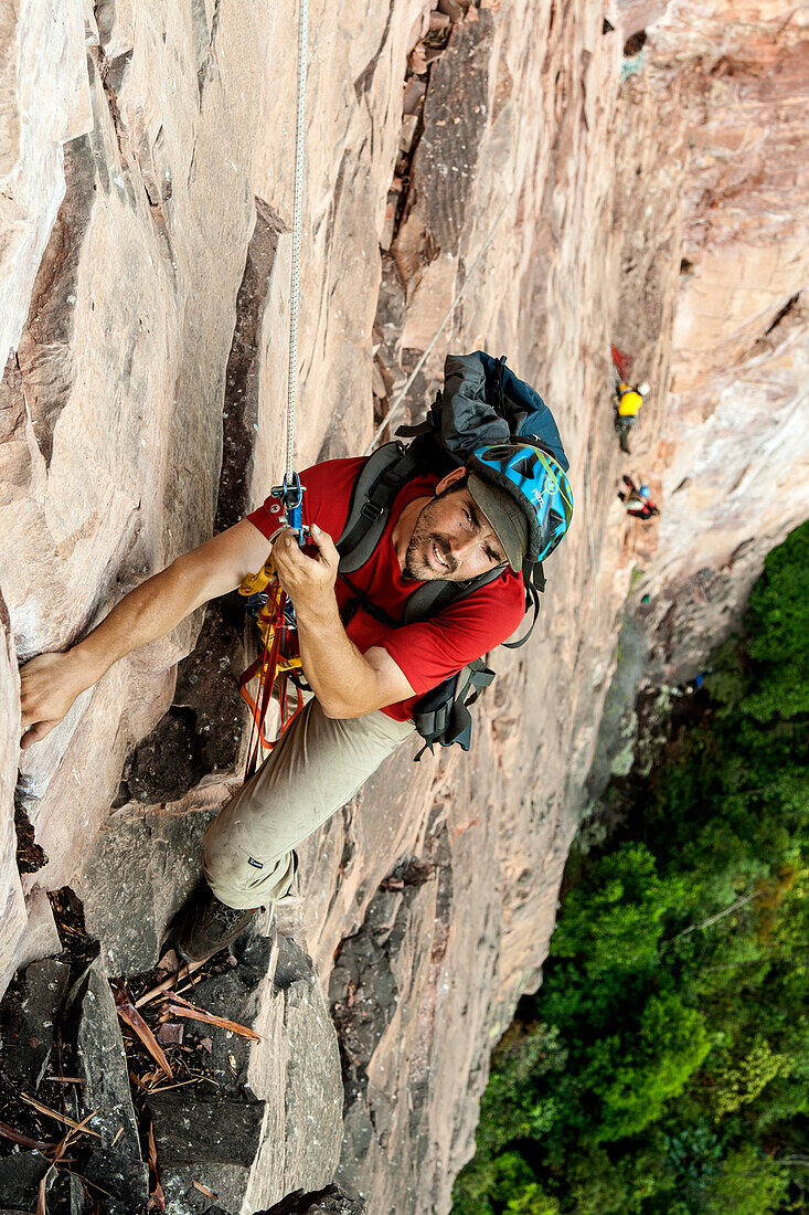 Climber ascending on a fixed rope, Acopan Tepui, Macizo de Chimanta, Venezuela