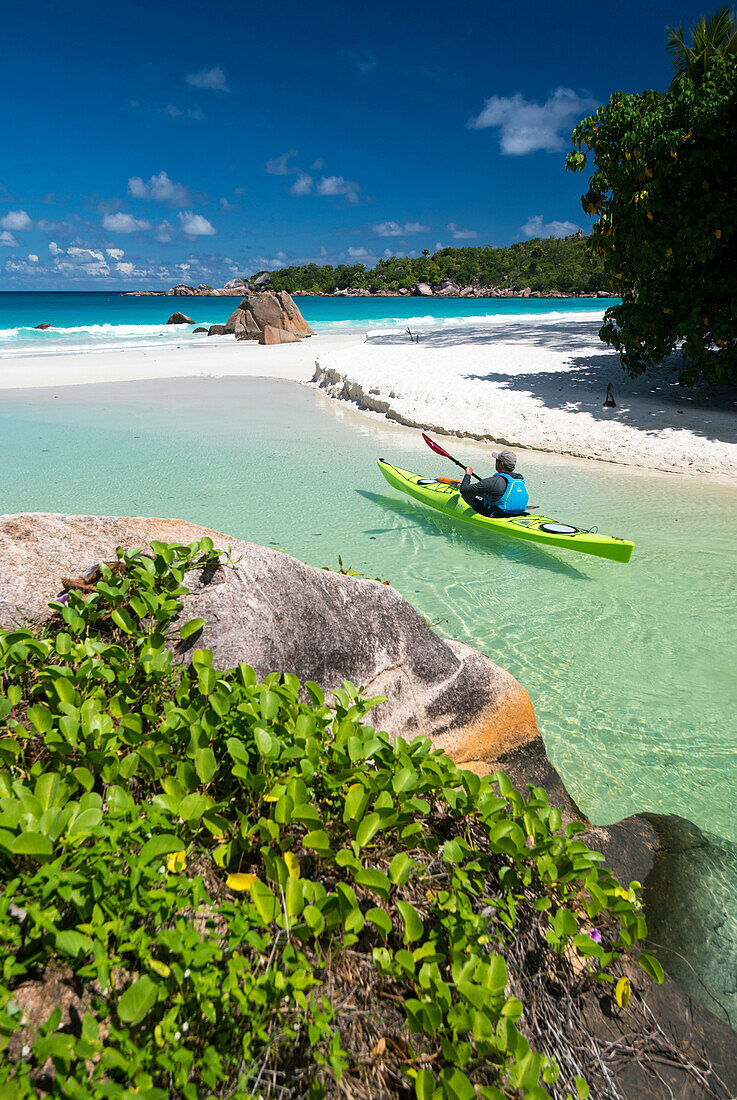 Sea kayak tour with catamaran as basecamp on the Seychelles, Indian Ocean